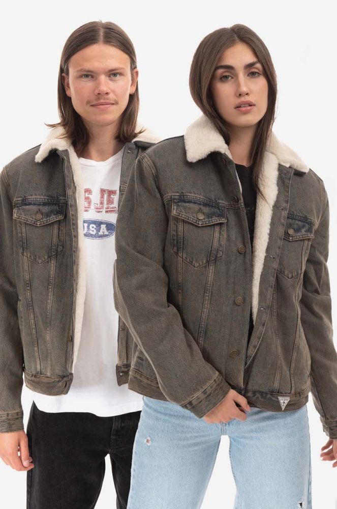 Джинсова куртка Guess чоловіча колір коричневий перехідна Kurtka GUESS USA Gusa Tinted Sherpa Jacket M2BN01D4S10 F9JA M2BN01.D4S10-F9JA