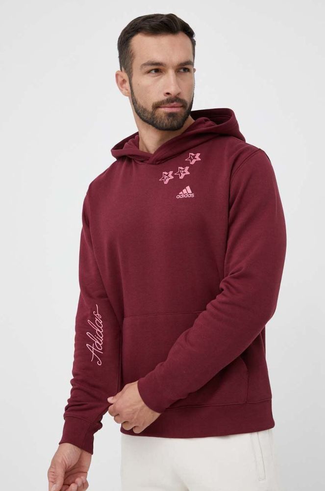 Кофта adidas чоловіча колір бордовий з капюшоном з аплікацією