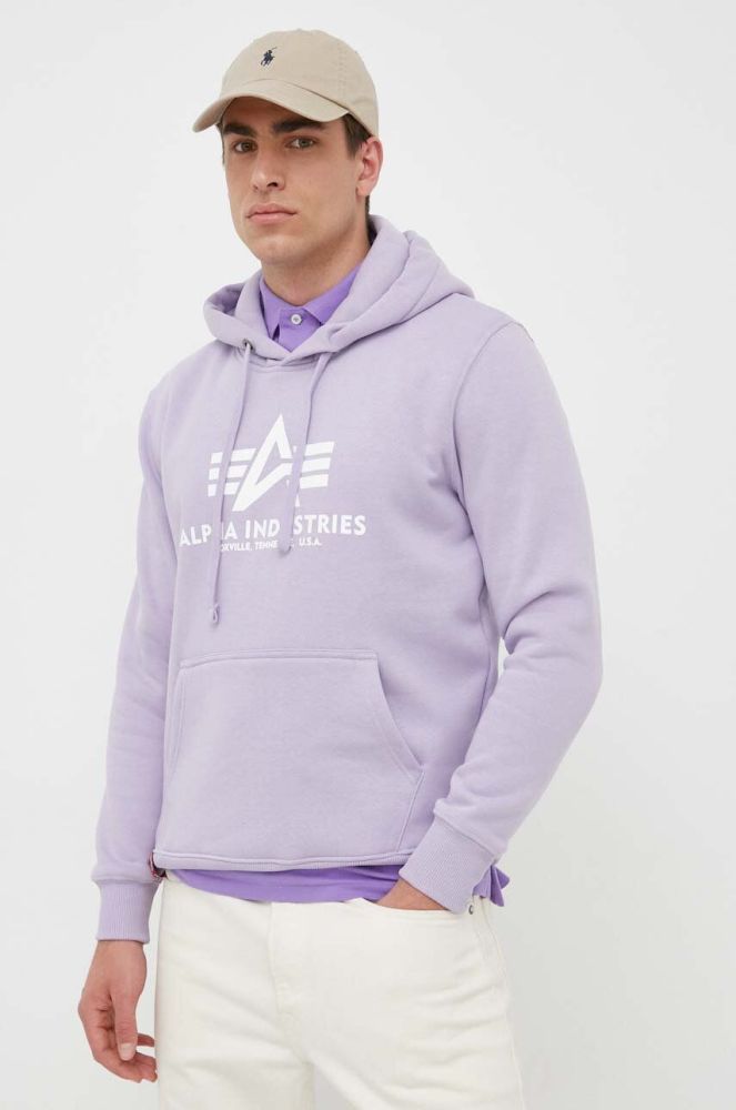 Кофта Alpha Industries чоловіча колір фіолетовий з капюшоном з принтом