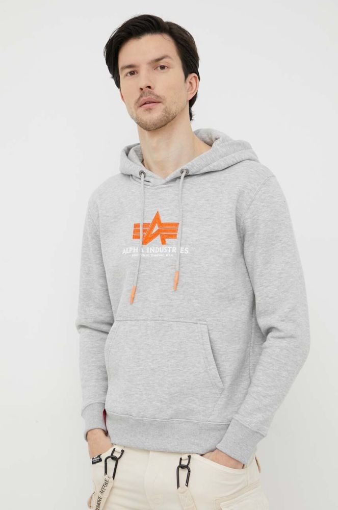 Кофта Alpha Industries чоловіча колір сірий з капюшоном з принтом