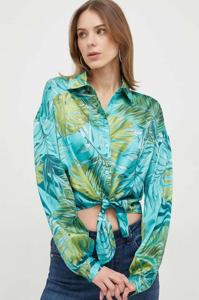 Сорочка Guess жіноча колір бірюзовий relaxed класичний комір
